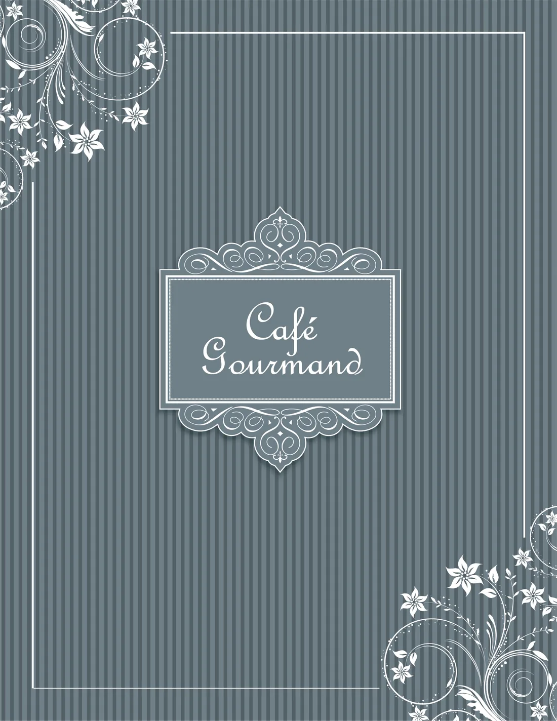 After: the new Café Gourmand cover in gray pinstripes with white floral flourishes and the name in a framed plaque.
