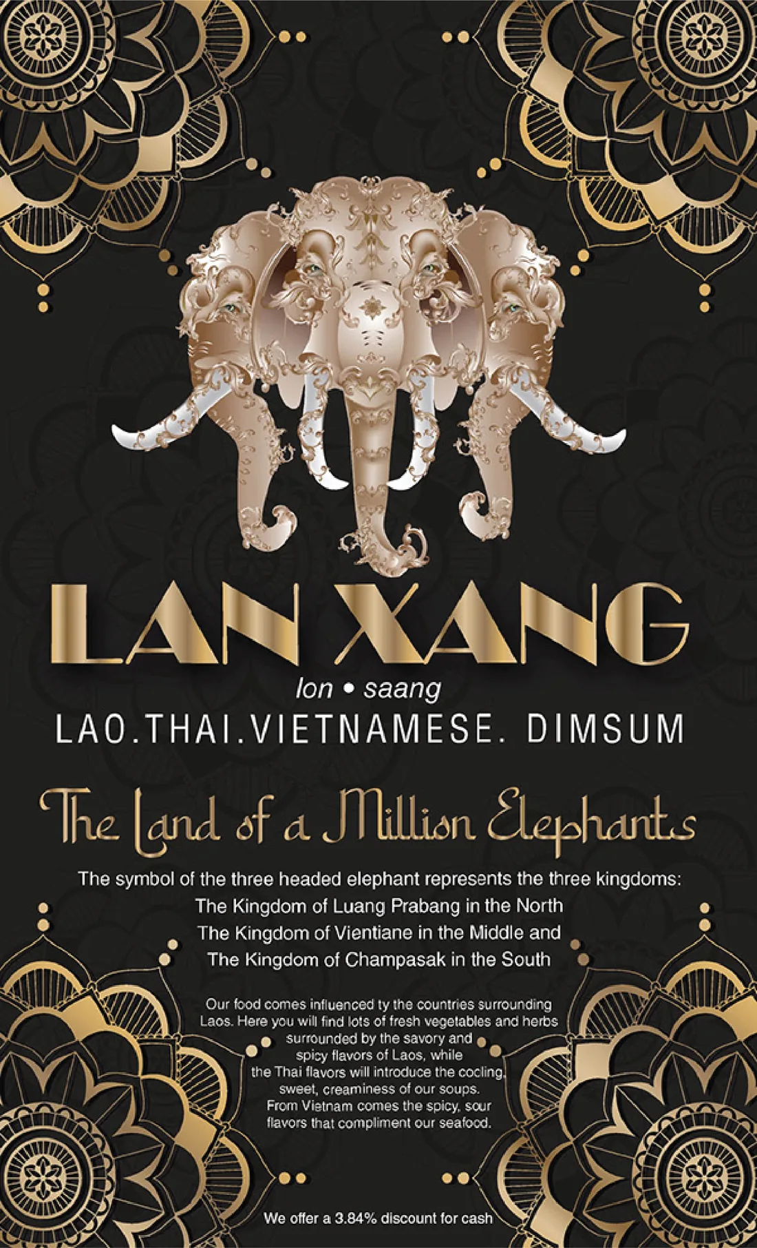 After: the new Lan Xang menu cover with a rose-gold three-headed elephant, gold lettering and mandala corners on black.