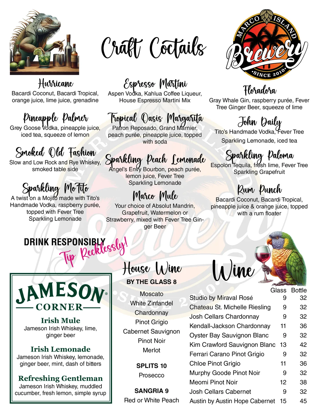 After: the new Marco Island Brewery cocktail page, script names and recipes on white with the round brewery logo and an iguana tending bar.