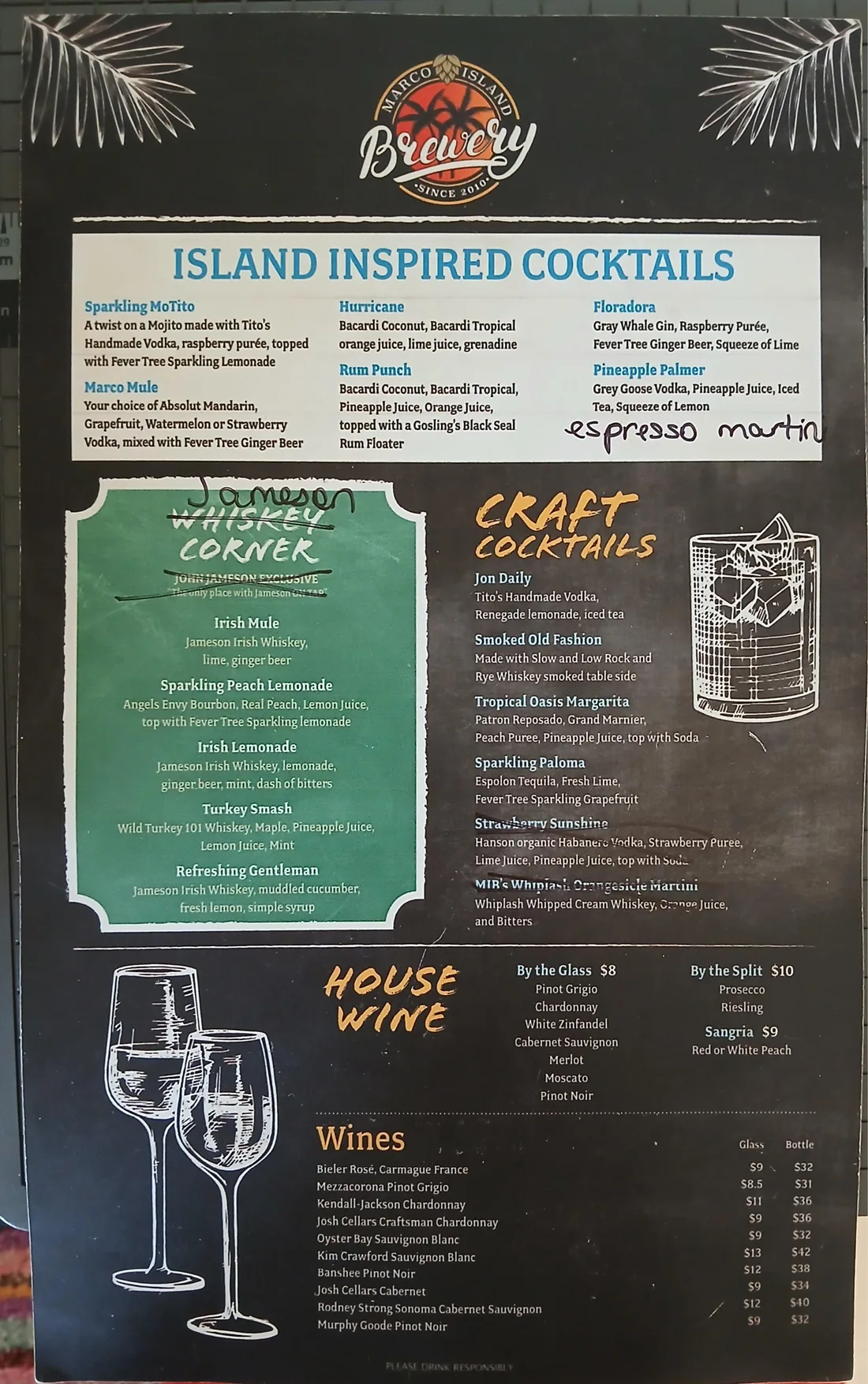 Before: the old Marco Island Brewery cocktail page, small type on a black chalkboard ground with handwritten corrections in marker.