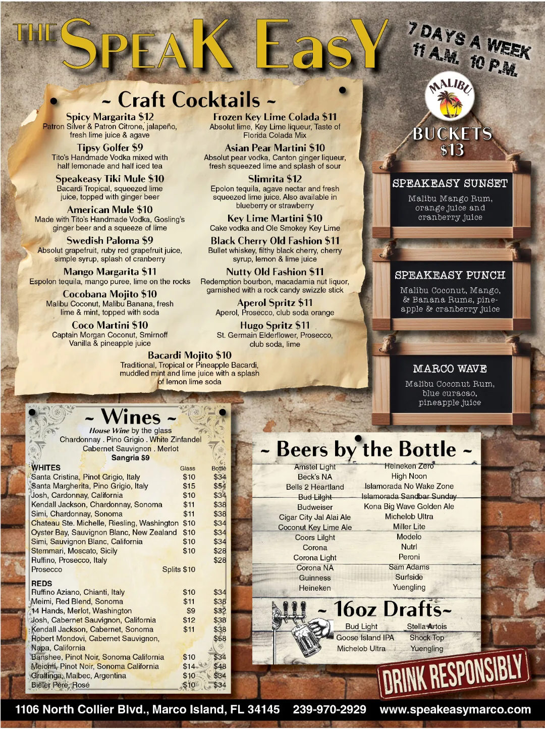 After: the new Speak Easy drink menu in gold lettering over parchment and old brick, with the house specials on hanging chalkboards.