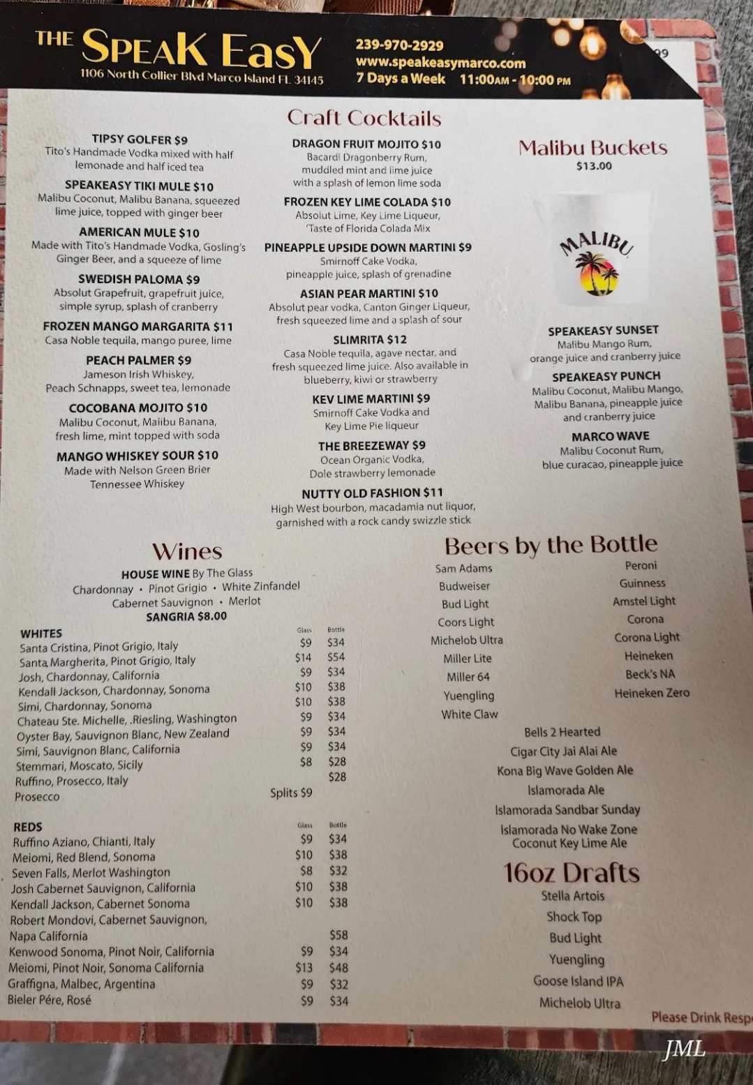 Before: the old Speak Easy drink menu, rows of plain type on a white sheet under a black header band.