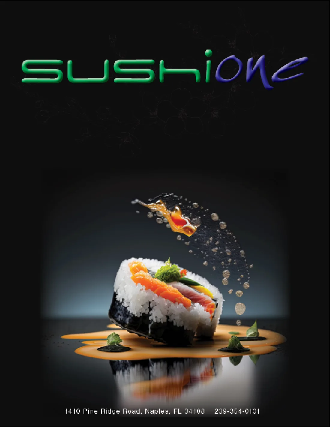 After: the new Sushi One cover, a sushi roll on a glossy black surface with sauce splashing above it.