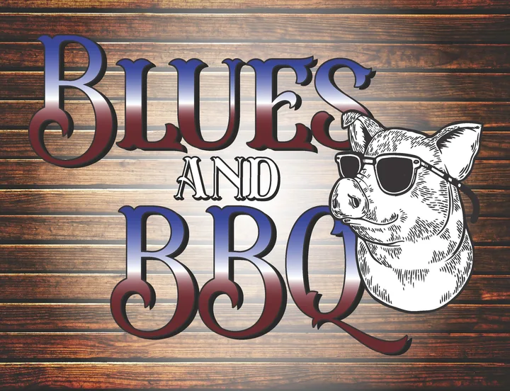 Blues and BBQ event artwork on dark wood planks: chrome-style red and blue lettering beside an engraved pig wearing sunglasses.