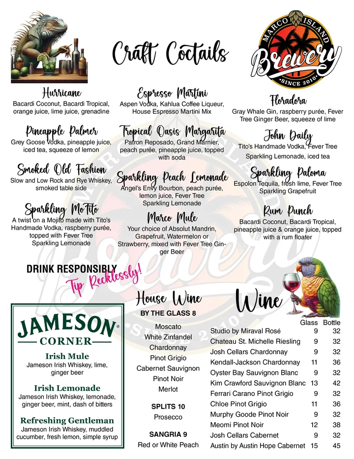 Cocktail side of the Marco Island Brewery drink menu: script cocktail names over their recipes on white, a green Jameson Corner panel, the house wines, an iguana behind a bar and a parrot beside the wine list.