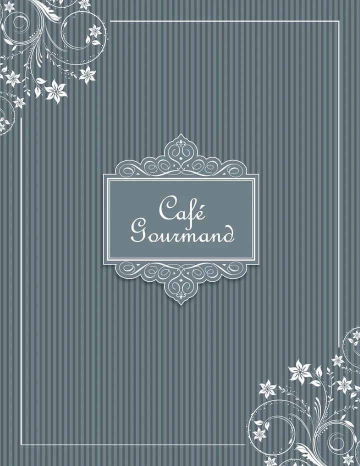 Dinner menu cover for Café Gourmand: gray pinstripes with white floral flourishes in two corners and the name in a framed plaque.