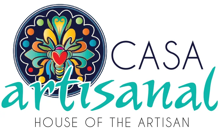 Logo concept for Casa Artesanal, House of the Artisan: a round folk-art emblem in bright colors beside the word Casa, with artisanal in teal script.