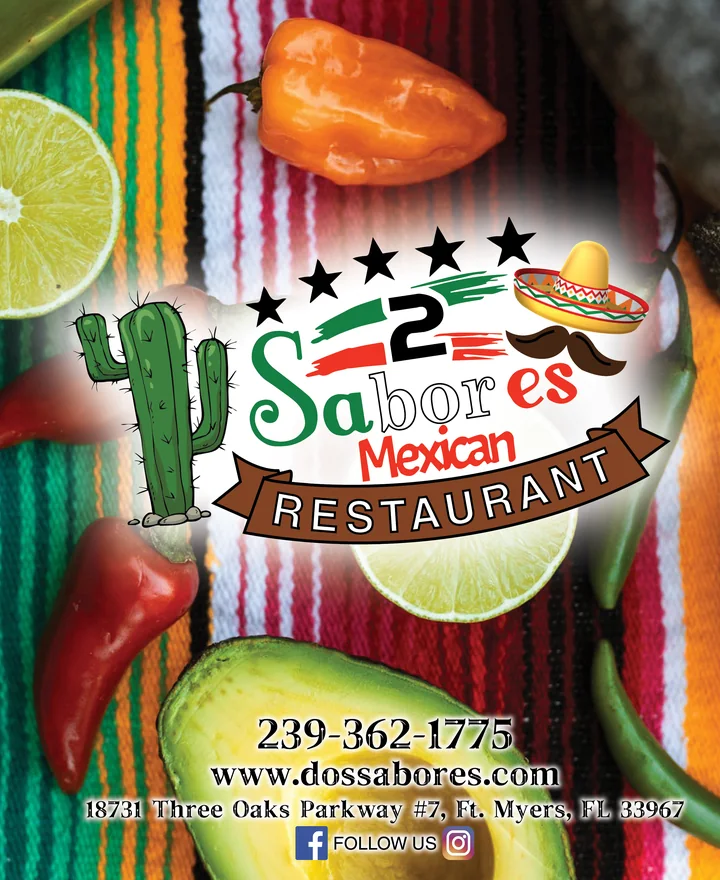 Menu cover for 2 Sabores Mexican Restaurant: the logo with a cactus, stars and a sombrero over a bright serape, limes, peppers and avocado.