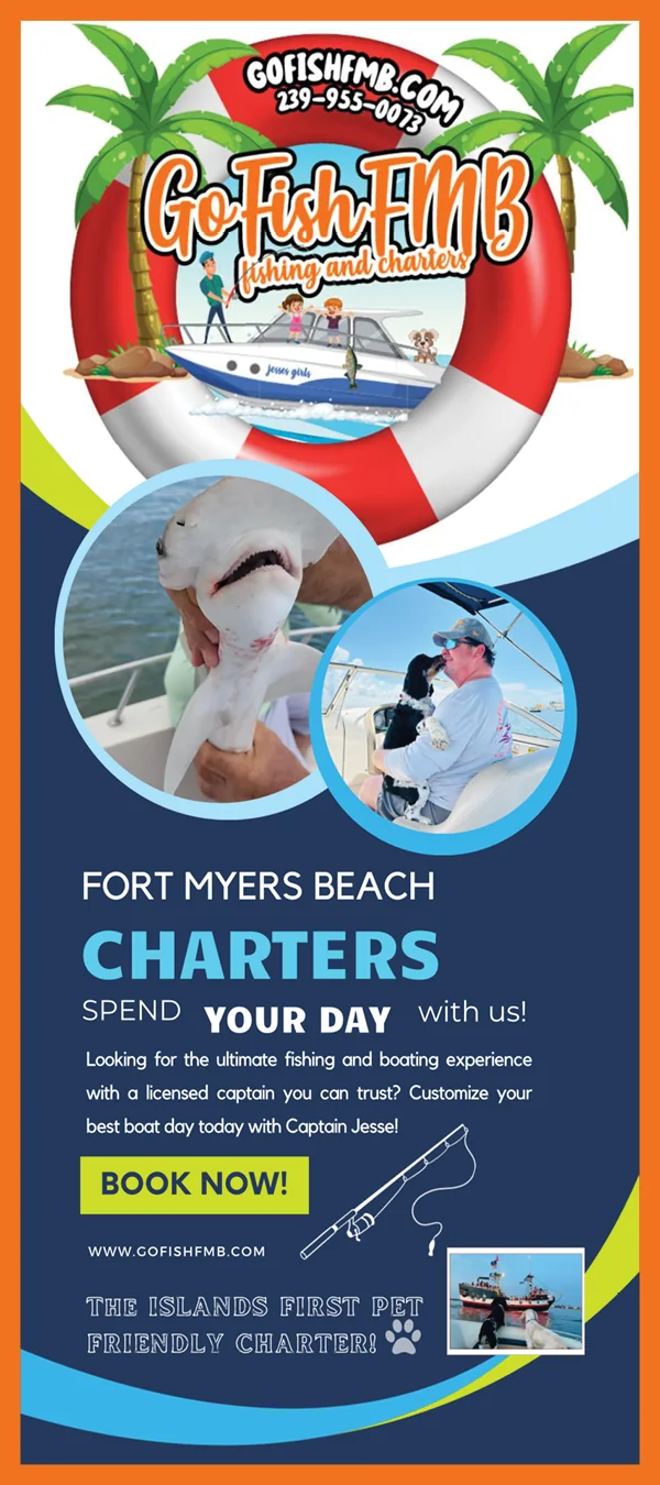 Rack card for Go Fish FMB fishing charters in Fort Myers Beach: an orange border, a life-ring logo with palm trees, round photos from the boat and a Book now button.