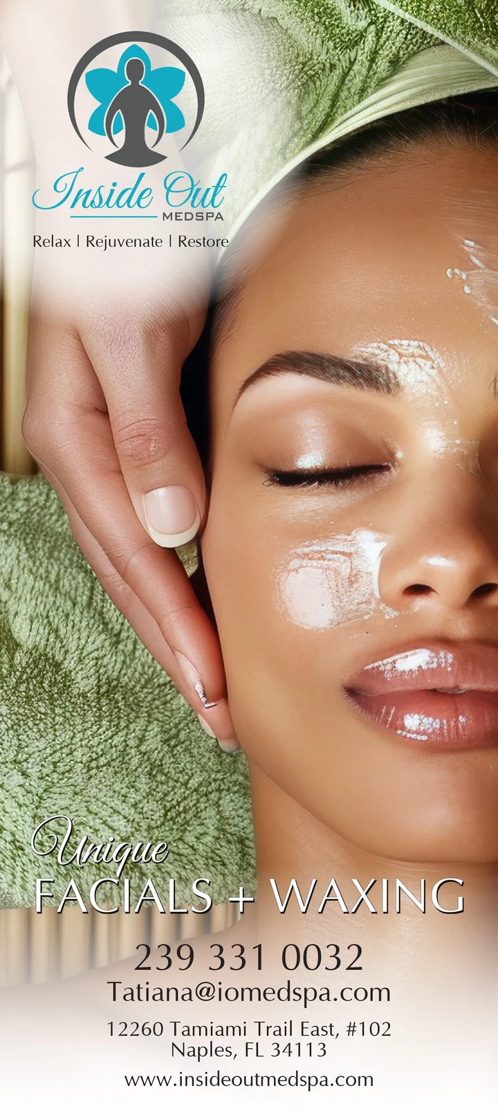 Rack card for Inside Out Medspa in Naples: a woman with her eyes closed during a facial, a teal lotus logo and the line Unique facials and waxing.