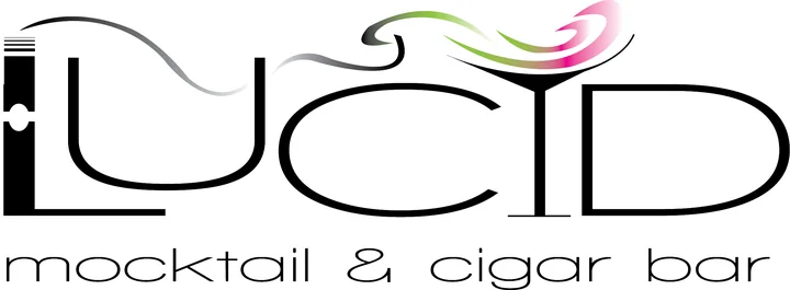 Logo for Lucid mocktail and cigar bar: black art-deco lettering where one letter becomes a cocktail glass trailing pink and green smoke.