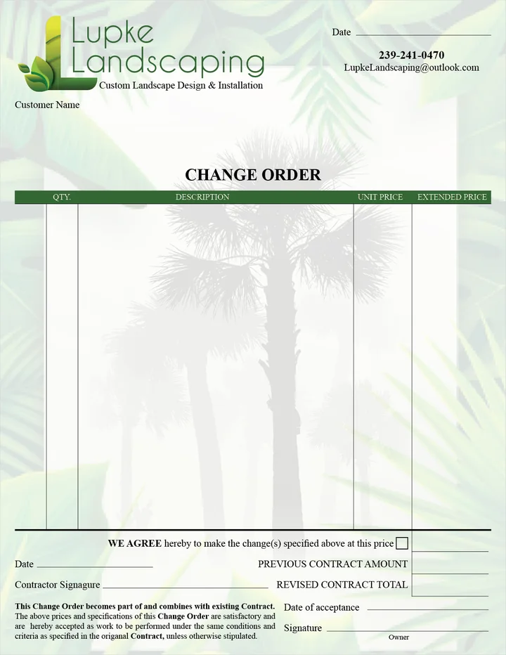 Change order form for Lupke Landscaping: a green table header over a faint watermark of palm trees, with signature and contract amount fields.