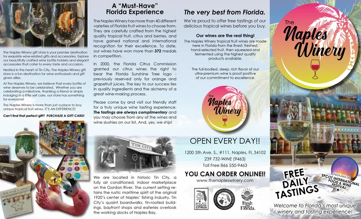 Tri-fold brochure for The Naples Winery with photos of painted wine glasses, gifts and the Tin City storefront, tasting details and the sunset logo.