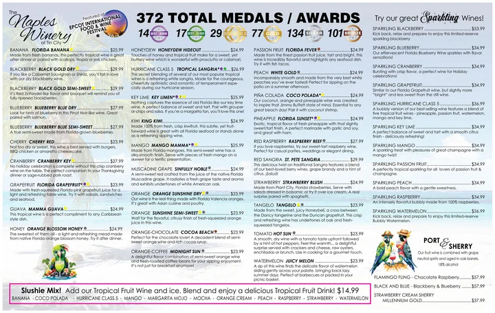 Counter wine list for The Naples Winery: columns of fruit wines with descriptions and prices, a row of medal counts across the top and a sparkling wine panel.