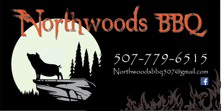 Banner for Northwoods BBQ: a pig silhouetted on a rock ledge against a full moon and pine trees, orange lettering on black with flames along the bottom.