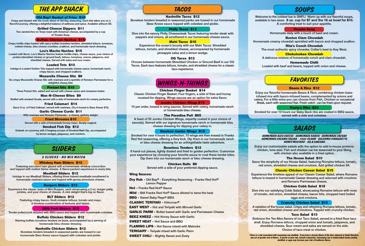 Menu for Rusty’s laid over a beach photograph, with bright color-coded headings for the App Shack, sliders, tacos, wings, soups, favorites and salads.