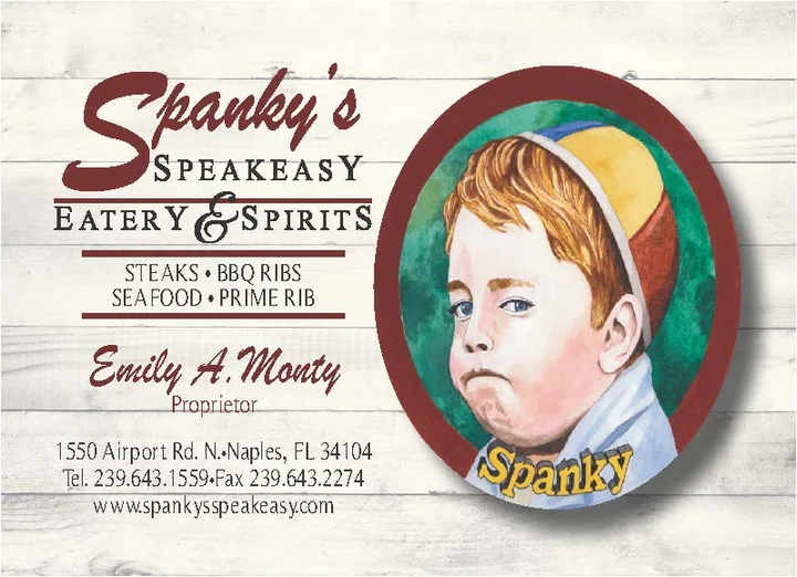 Business card for Spanky’s Speakeasy Eatery and Spirits on a whitewashed wood texture with an oval painted portrait of a red-haired boy in a beanie.