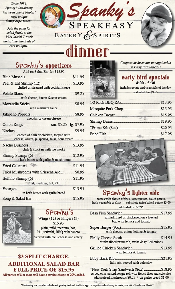 Dinner menu for Spanky’s Speakeasy Eatery and Spirits on whitewashed wood: appetizers, early bird specials and lighter fare set among vintage black-and-white photos.