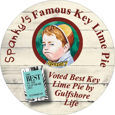 Round sticker for Spanky’s Famous Key Lime Pie with the restaurant’s painted boy portrait and a Best of the Gulfshore badge.