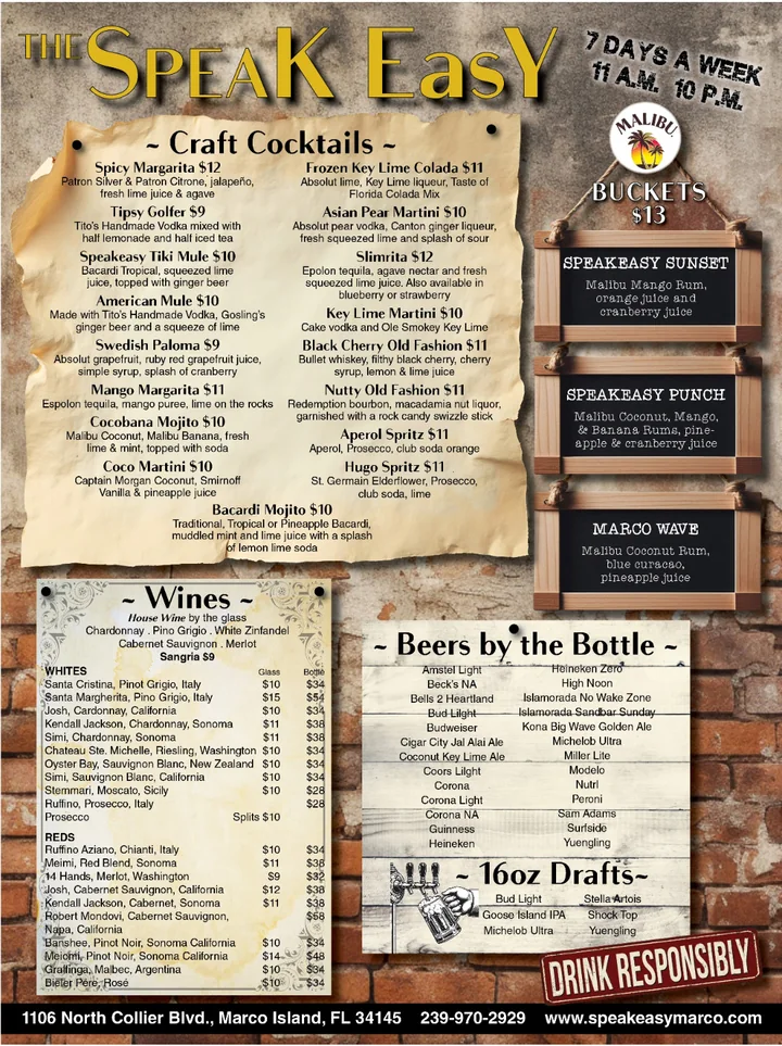 Drink menu for The Speak Easy on Marco Island: gold lettering over parchment and old brick, craft cocktails, the house specials on hanging chalkboards, wines, bottled beers and drafts.