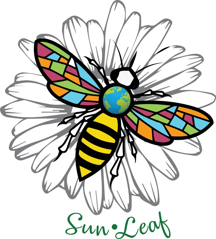 Sun Leaf artwork: a bee with stained-glass wings and a globe for a body resting on a white daisy, with the name in green script.