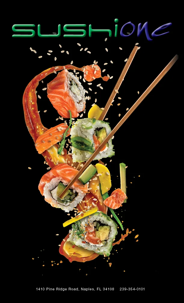 Sushi One dinner menu cover: sushi rolls, salmon and chopsticks suspended in mid-air against black under the green and blue logo.