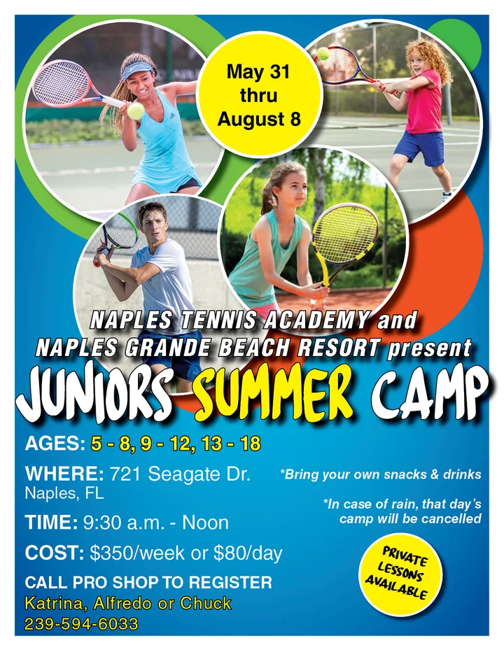 Juniors Summer Camp flyer for Naples Tennis Academy and Naples Grande Beach Resort: round photos of young tennis players on a blue field with dates, ages and cost.
