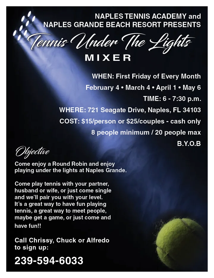 Tennis Under the Lights mixer flyer: a spotlight beam and a tennis ball on black with a script headline, dates, time and a sign-up number.