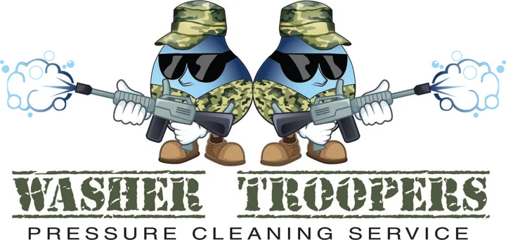 Logo for Washer Troopers Pressure Cleaning Service: two cartoon water drops in camouflage hats and sunglasses aiming pressure washers above stencil lettering.